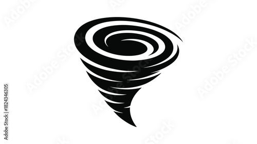 Stylized black and white illustration of a powerful tornado swirling against a white background