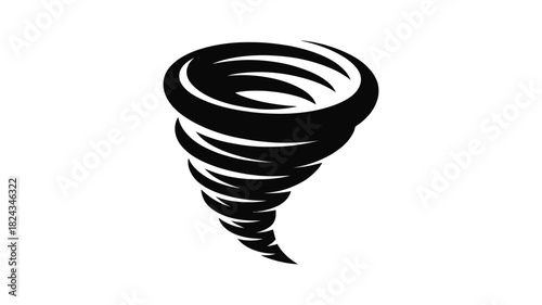 Stylized black silhouette of a powerful tornado swirling against a white background