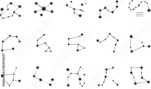 Collection of black line art constellations and stars on white background galaxy space