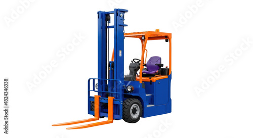 Blue and orange forklift PNG isolated on transparent background, industrial vehicle for warehouse and construction sites