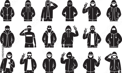 Collection of black silhouette figures wearing hooded jackets and sunglasses person male