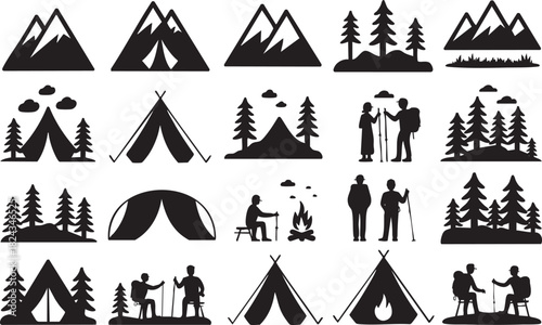 Collection of black silhouette icons depicting mountains tents trees hikers and campfires vector