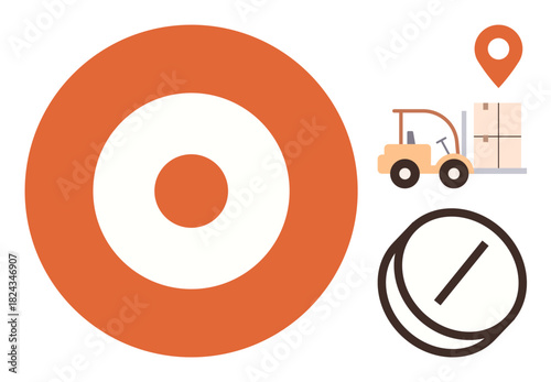 Target symbol, forklift carrying boxes, map pin location. Ideal for logistics, delivery services, business goals, distribution, transportation, supply chain simple flat metaphor