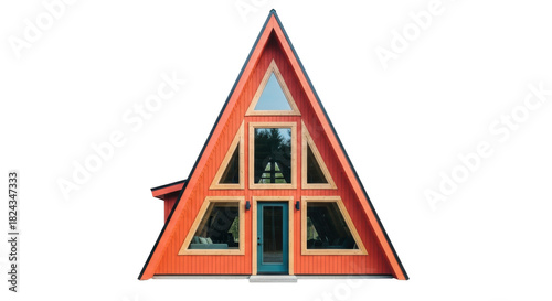 A-frame house PNG isolated on transparent background, modern cabin with orange exterior and geometric windows for architecture design