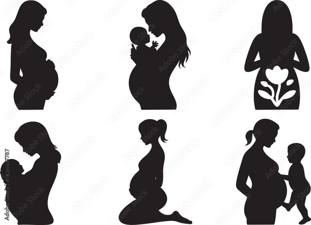 Fototapeta premium Six black silhouette illustrations of pregnant women and mothers with babies woman baby