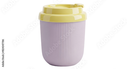 Reusable coffee cup with yellow lid isolated PNG on transparent background, eco-friendly travel mug for hot drinks and sustainable lifestyle