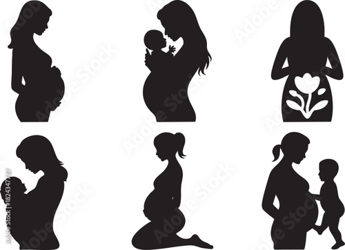 Six black silhouette illustrations of pregnant women and mothers with babies woman baby