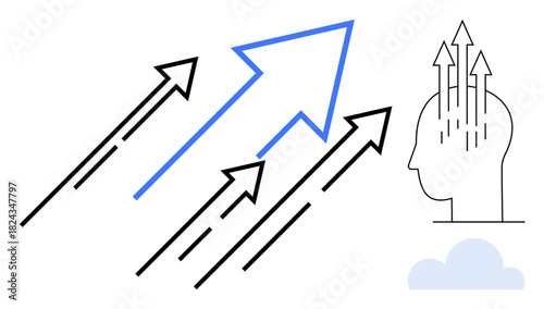 Growth concept. Arrows progress into innovation and success. Growth is ed by a human head and aspirations. For business, leadership, strategy, education, brainstorming