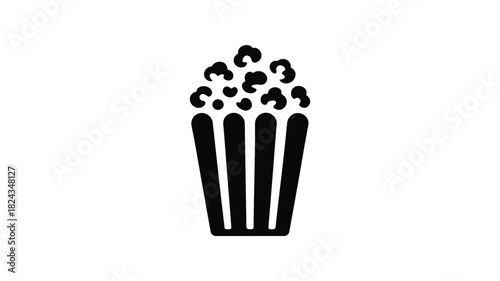 Simple black and white graphic illustration of a popcorn box filled with popcorn