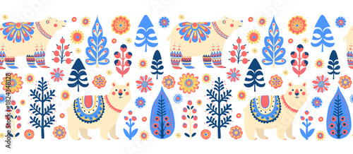 Scandinavian Polar Bears Seamless Border Pattern, Cute Nordic Winter Vector Illustration. Folk Art Bears and Trees, Colorful Repeat Design. Christmas Polar Bear on white Background, Cozy Holiday Print