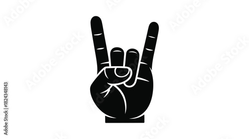Black silhouette of a hand making the rock on gesture against a white background