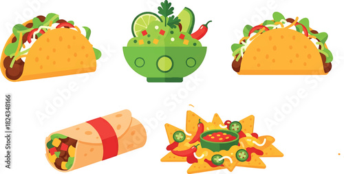 A vibrant and delicious collection of popular Mexican cuisine icons, featuring classic tacos, a hearty burrito, crispy nachos, and fresh guacamole
