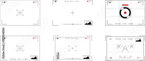 Set of 8 video camera Vector frame viewfinder overlay screen with subject focusing. Digital displays with zoom, record, Battery and chart indicators on white background for mockup, app and website.