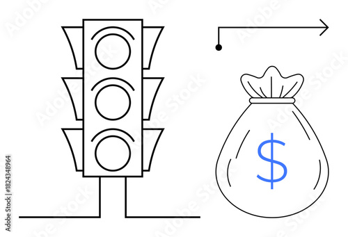 Traffic light and money bag with dollar sign, paired with an arrow. Ideal for finance, business, decision-making, strategy, economy, investments savings. A simple flat metaphor