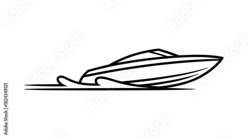 Sleek motorboat cutting through the water with a stylized wave illustration