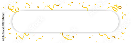 Gold Confetti and Streamer Ribbon Falling on White Background with frame. Festive Celebrations. Vector Illustration