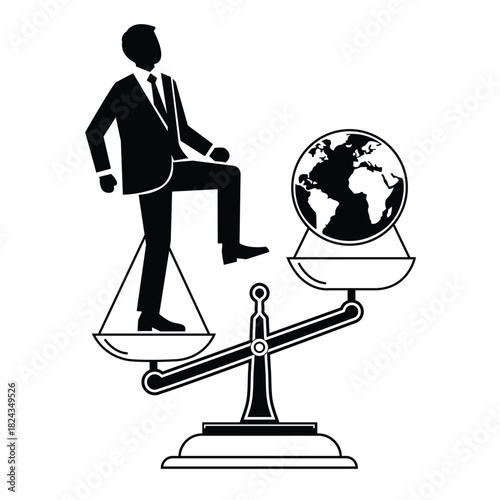 Businessman stepping on a balance scale while outweighing the entire earth or globe