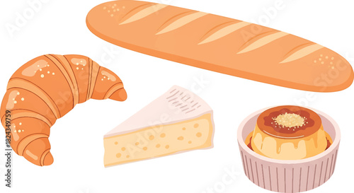 Delicious assortment of fresh baked French cuisine including a croissant, brie cheese wedge, baguette, and a crème brûlée dessert