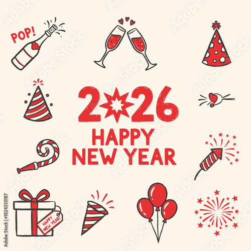Happy New Year 2026 set, festive doodles of champagne, party cone, fireworks, and gifts