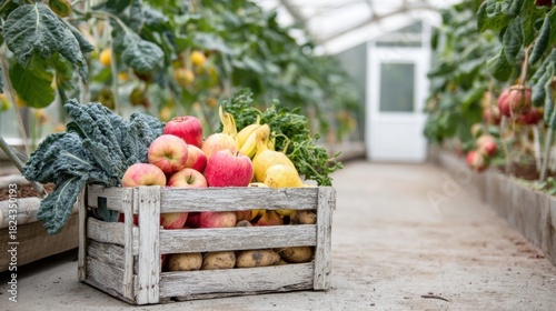Rustic crate full of apples, bananas, greens and potatoes inside greenhouse. Organic harvest, sustainable farming and eco-friendly food production