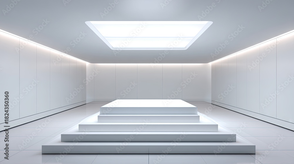 Fototapeta premium Minimalist interior space with white steps and bright skylight creating a serene atmosphere perfect for modern design and architecture photography