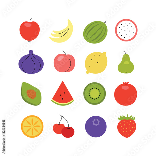 Set with different sweet fruits in simple flat design. Hand drawn isolated vector illustration