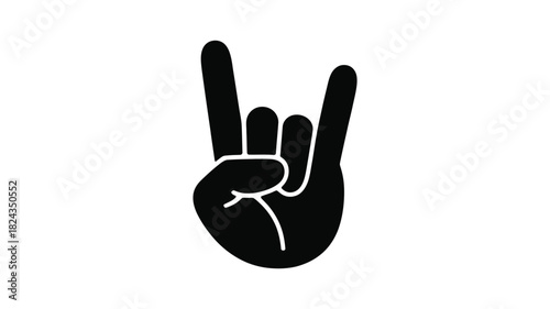 Black silhouette of a hand making the rock and roll sign against a white background