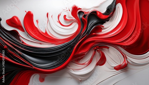 glossy red and black smears fluid and layered swirled on bright white ground