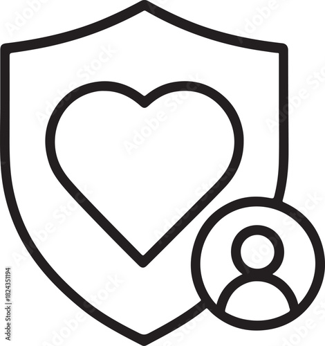 Linear heart and shield trust protection icon, ideal for security, safety, and verified care concepts.