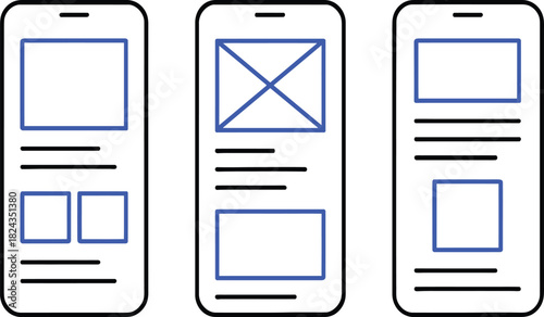 Mobile app wireframe design template for content manager, user interface layout, mobile UX, and app development