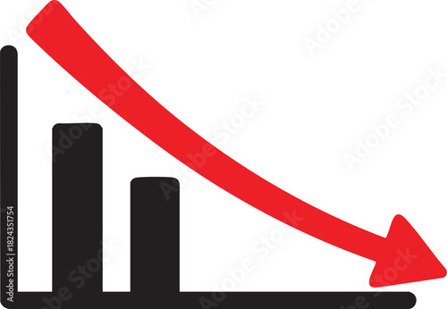 Down Fall Red Arrow Icon – Vector Symbol of Loss, Decrease, Drop, and Negative Trend . Finance, Stock Market .