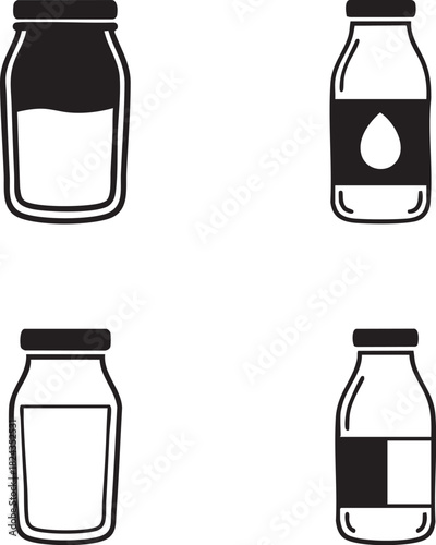 Milk Jar and Bottle Icon Set – Vector Illustration of Dairy Packaging Symbols , Glass Milk Bottles and Jars in Black