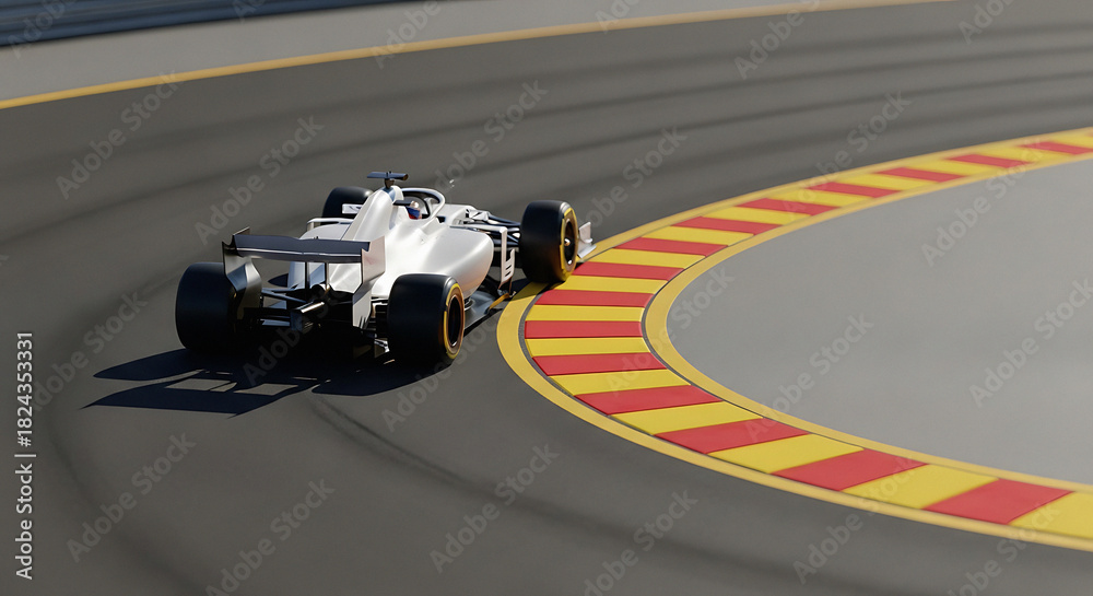 Obraz premium Sleek racing car speeding around the track corner, a dynamic scene of speed and precision, perfect for automotive enthusiasts and racing marketing projects