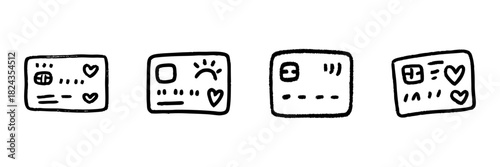 Credit Card Line Icon Set In Doodle Style. Financial Transactions, Payment Methods, And Banking Services Outline Sketch Collection. Hand Drawn Isolated Vector Illustration