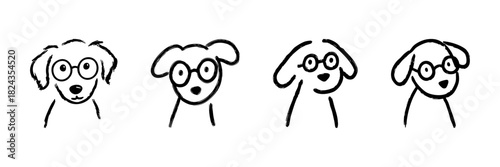 Cute Dog With Glasses Line Icon Set In Doodle Style. Playful Pet Character Illustrations Outline Sketch Collection. Adorable Canine Expressions. Hand Drawn Isolated Vector Illustration