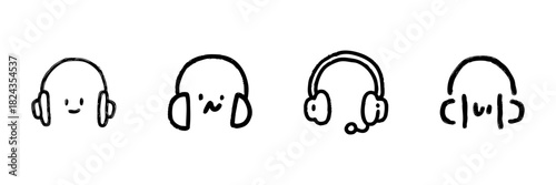 Headphones And Headset Line Icon Set In Doodle Style. Audio Listening, Communication, And Music Enjoyment Outline Sketch Collection. Hand Drawn Isolated Vector Illustration