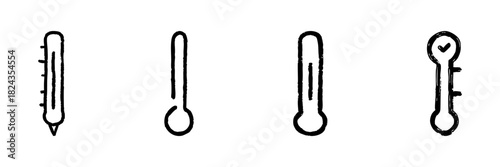 Thermometer Line Icon Set In Doodle Style. Temperature Measurement And Weather Monitoring Outline Sketch Collection. Medical And Environmental Use. Hand Drawn Isolated Vector Illustration