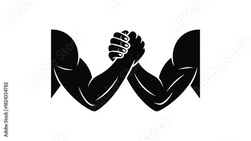 Two muscular arms locked in a strength contest forming the letter w