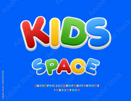 Vector Funky emblem Kids Space. Colorful Children Font. Bright Positive Alphabet Letters and Numbers set.