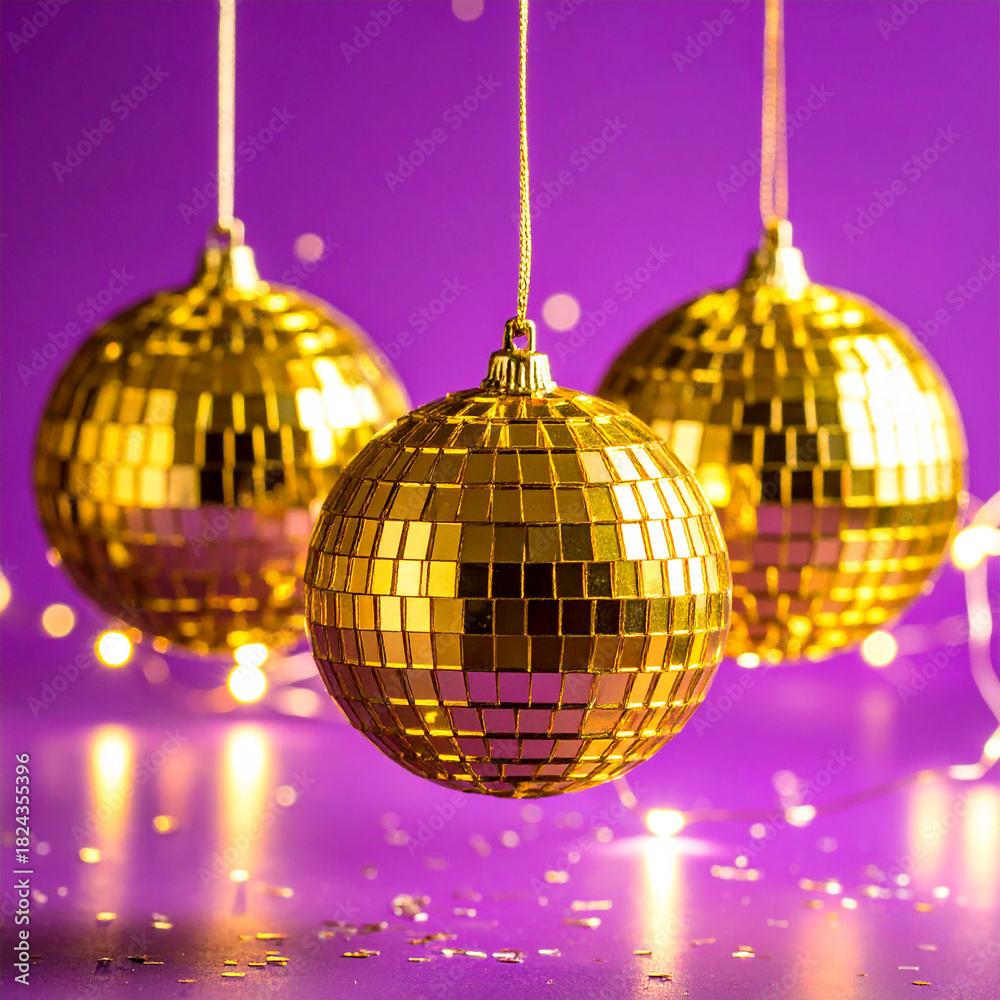 Obraz premium Three golden disco balls hanging with purple background and bokeh lights party celebration