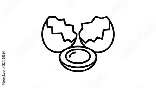 Simple line art icon of a cracked open egg with a visible yolk and white