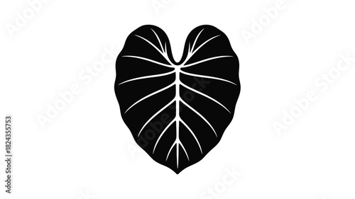 Stylized black and white illustration of a large elephant ear plant leaf with prominent veins