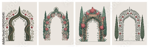 Mughal Arch Designs with Floral and Pomegranate Patterns