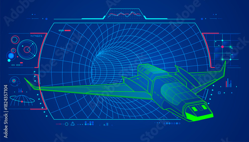 concept of space engineering of space travel, graphic of spaceship with Wormholes and scifi interface