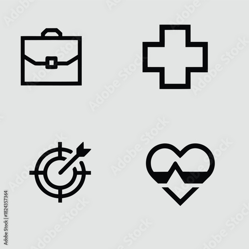 Medical icons set of vector symbols for hospital and health care design with doctor and pharmacy signs, heart, and emergency plus aid button illustration