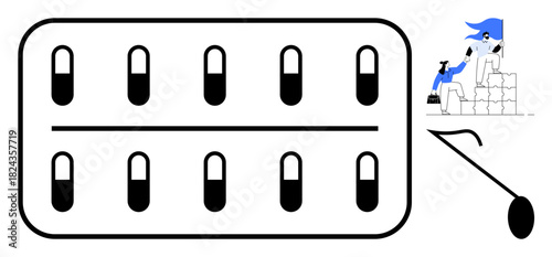 Capsule pack with two individuals atop stacked blocks, one assisting another. Ideal for themes of healthcare, teamwork, leadership, motivation, support, wellness, simple flat metaphor