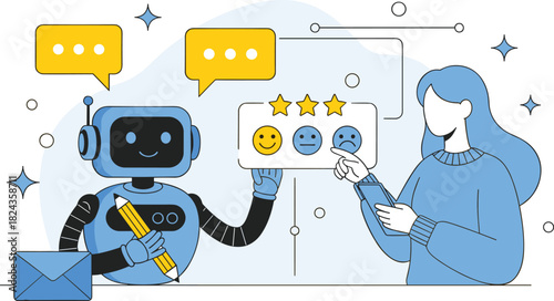 AI customer feedback, digital rating system, user satisfaction panel, chatbot interaction, mobile review interface, flat vector illustration