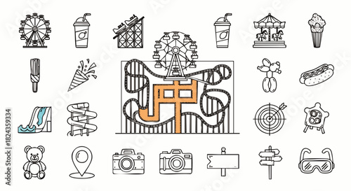 This illustration showcases a variety of amusement park icons in a minimalist style, perfect for adding a touch of fun to any design project.