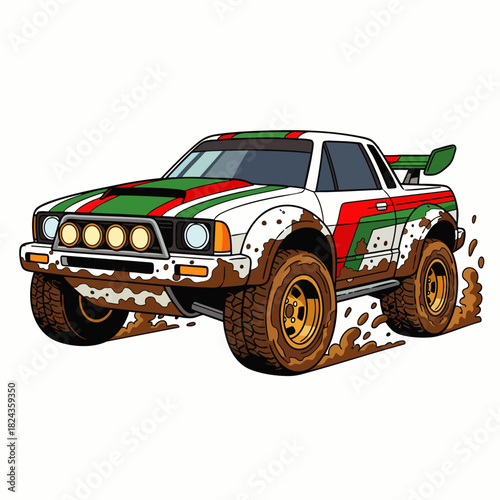 An illustrated off-road rally truck kicks up dirt, showcasing speed and power with its vibrant colors and dynamic design against a white background.