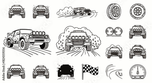 A collection of black and white illustrations showcasing off-road vehicles, tires, and racing elements, perfect for design projects and automotive themes.